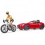 Auto Roadster czerwone z figurką i rowerem górskim